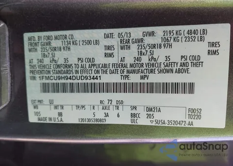 2013 Ford Escape Sel z USA, uszkodzony, nr VIN 1FMCU9H94DUD93441